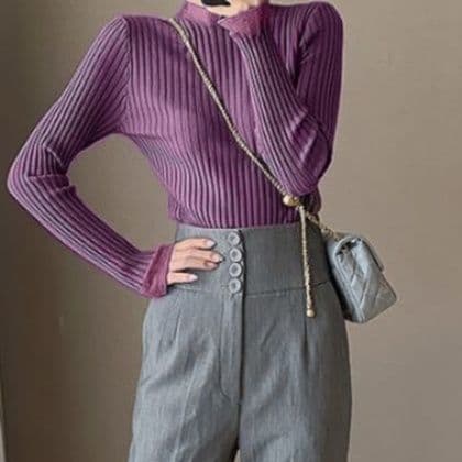 イエベ春/イエベ秋服　袖レース付きリブニット長袖セーター女性用