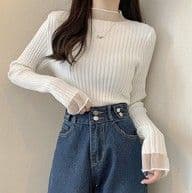 イエベ春/イエベ秋服　袖レース付きリブニット長袖セーター女性用
