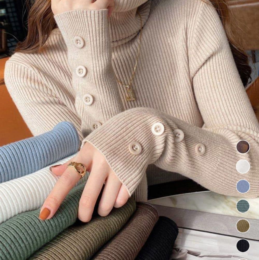 イエベ春/イエベ秋服　袖ボタン付きハイネックニット長袖リブトップス