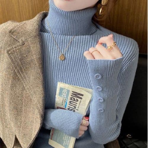 イエベ春/イエベ秋服　袖ボタン付きハイネックニット長袖リブトップス