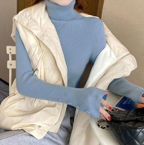 イエベ春/イエベ秋服　袖ボタン付きハイネックニット長袖リブトップス