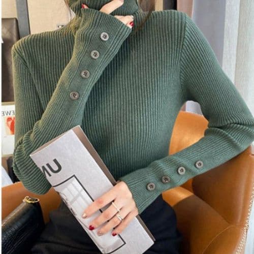 イエベ春/イエベ秋服　袖ボタン付きハイネックニット長袖リブトップス