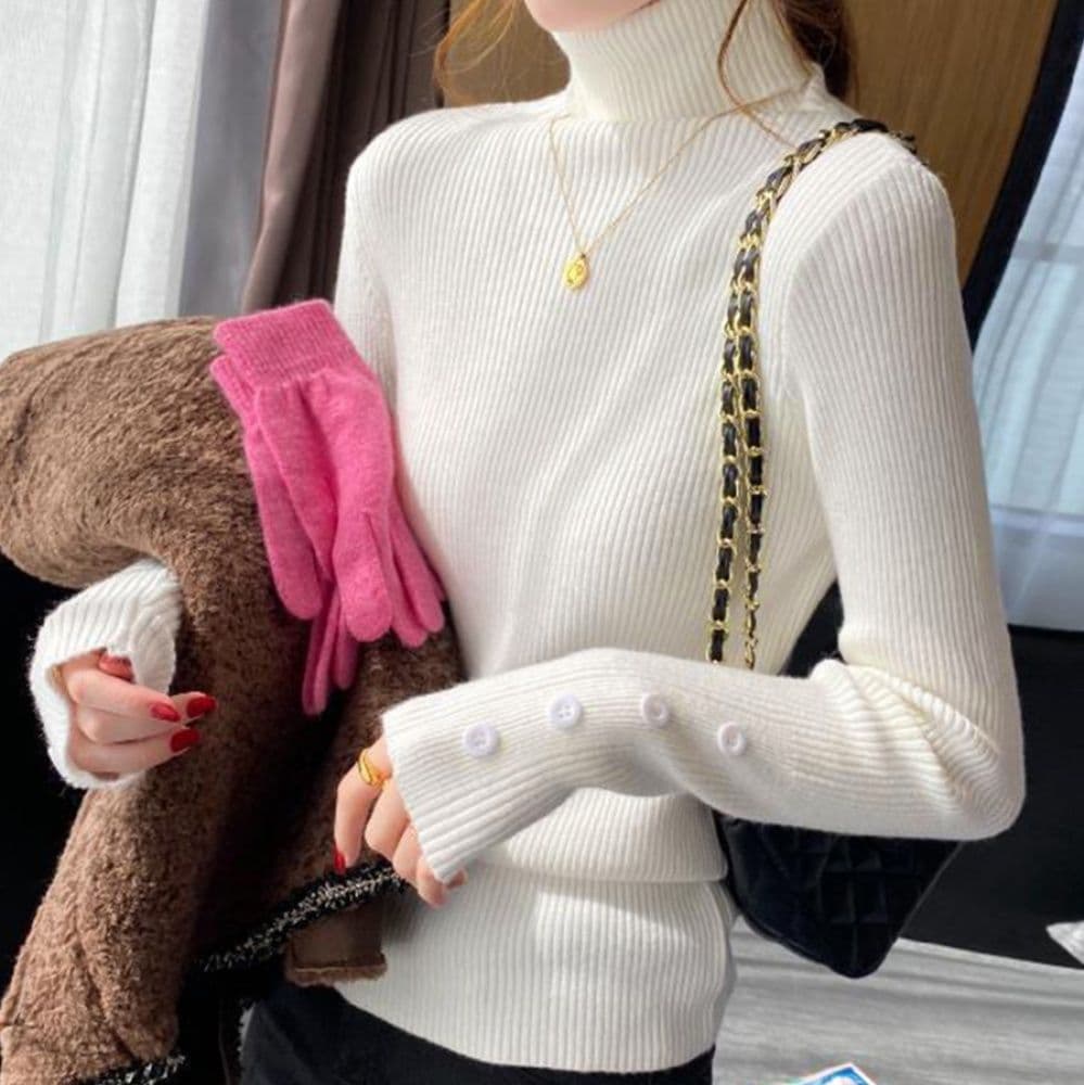 イエベ春/イエベ秋服　袖ボタン付きハイネックニット長袖リブトップス