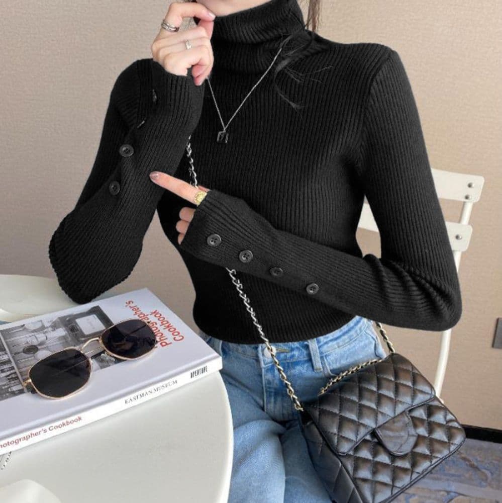 イエベ春/イエベ秋服　袖ボタン付きハイネックニット長袖リブトップス