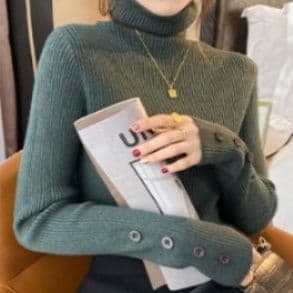 イエベ春/イエベ秋服　袖ボタン付きハイネックニット長袖リブトップス