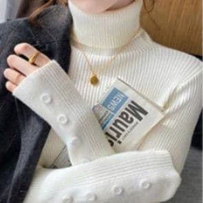 イエベ春/イエベ秋服　袖ボタン付きハイネックニット長袖リブトップス