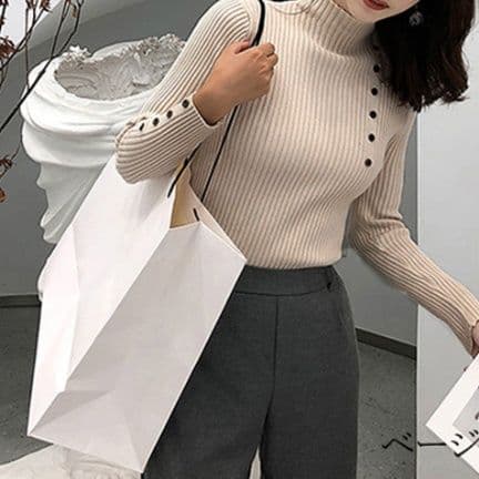 イエベ春/イエベ秋服　ニット レディース 長袖 リブ編み ハイネック ボタン 秋冬