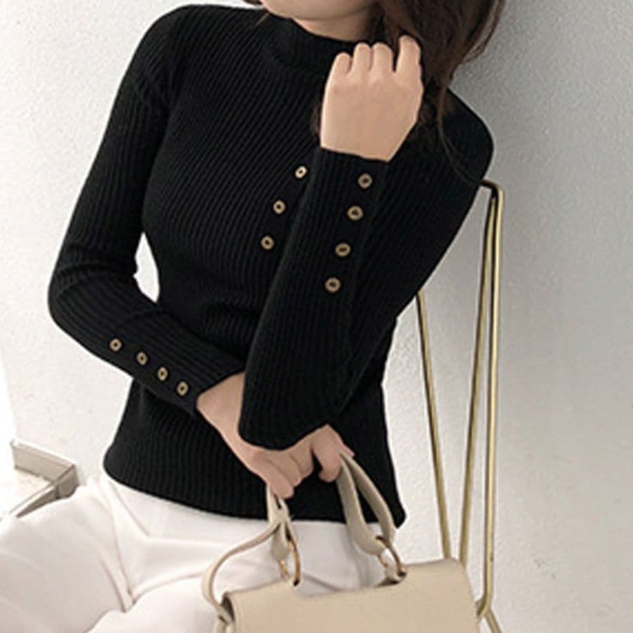 イエベ春/イエベ秋服　ニット レディース 長袖 リブ編み ハイネック ボタン 秋冬