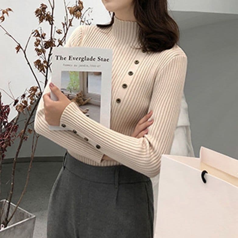 イエベ春/イエベ秋服　ニット レディース 長袖 リブ編み ハイネック ボタン 秋冬