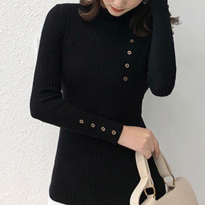 イエベ春/イエベ秋服　ニット レディース 長袖 リブ編み ハイネック ボタン 秋冬