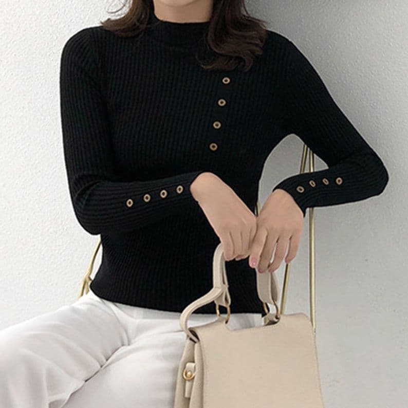 イエベ春/イエベ秋服　ニット レディース 長袖 リブ編み ハイネック ボタン 秋冬