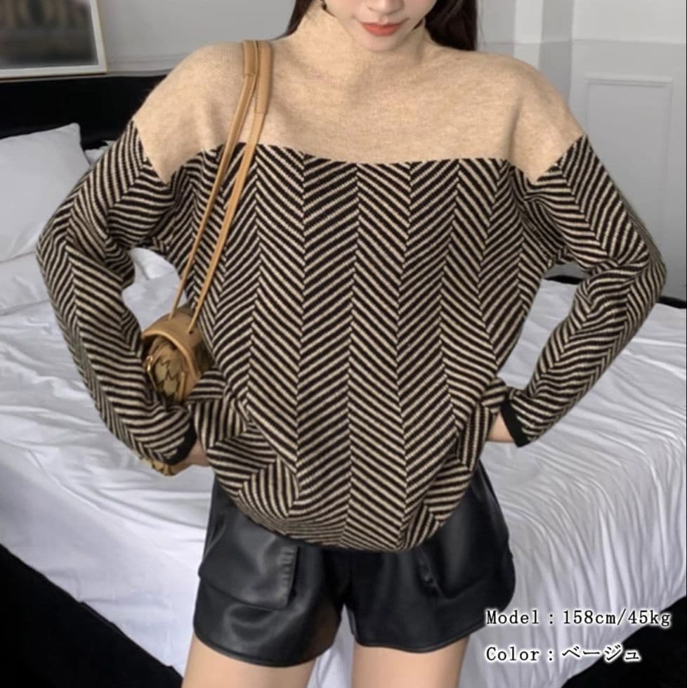 イエベ春/イエベ秋服　幾何学模様ニットセーター プチハイネック 秋冬