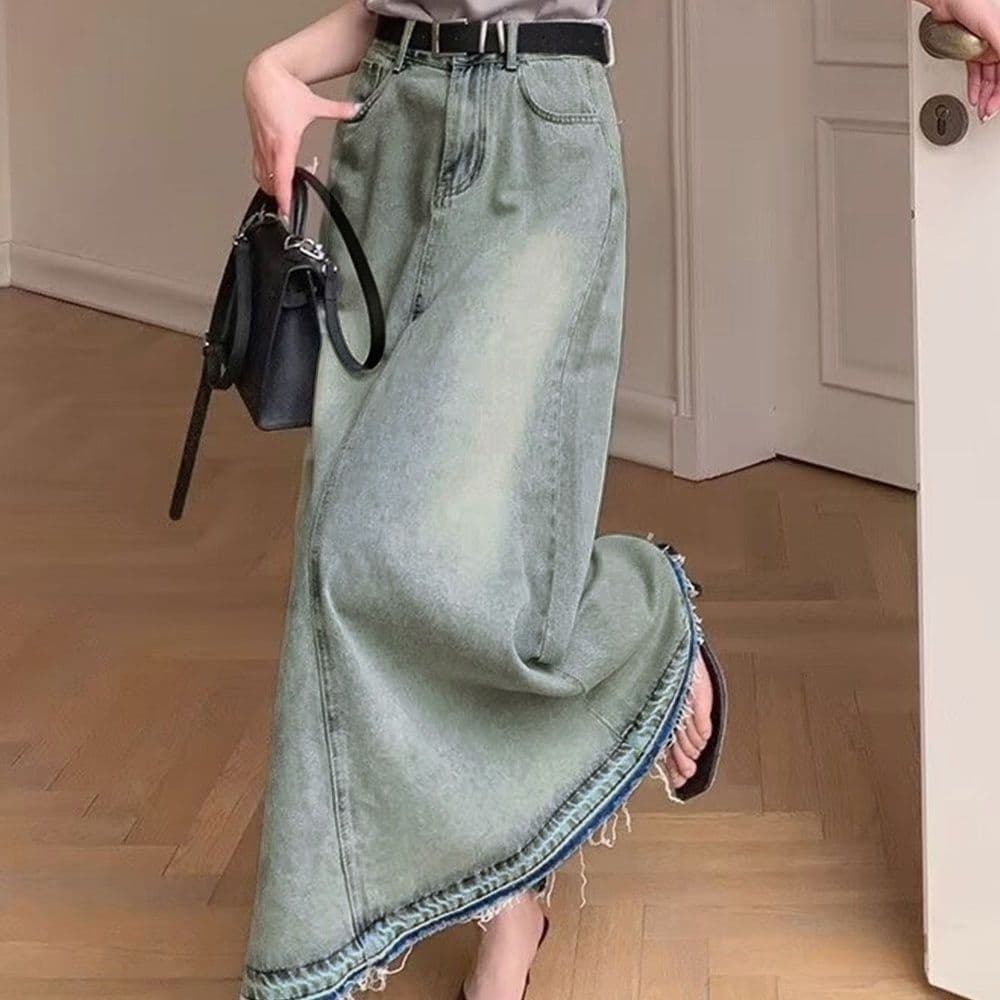 イエベ春/イエベ秋服　 切りっぱなし裾フリンジ長丈デニムスカート 韓国風