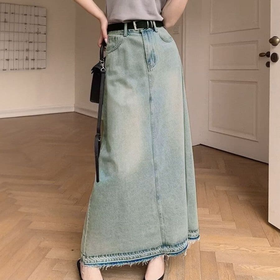 イエベ春/イエベ秋服　 切りっぱなし裾フリンジ長丈デニムスカート 韓国風