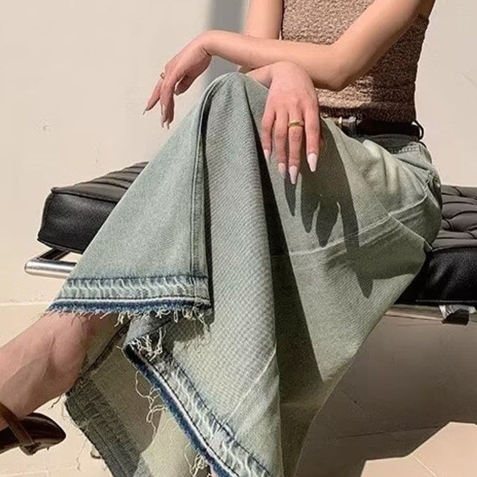 イエベ春/イエベ秋服　 切りっぱなし裾フリンジ長丈デニムスカート 韓国風