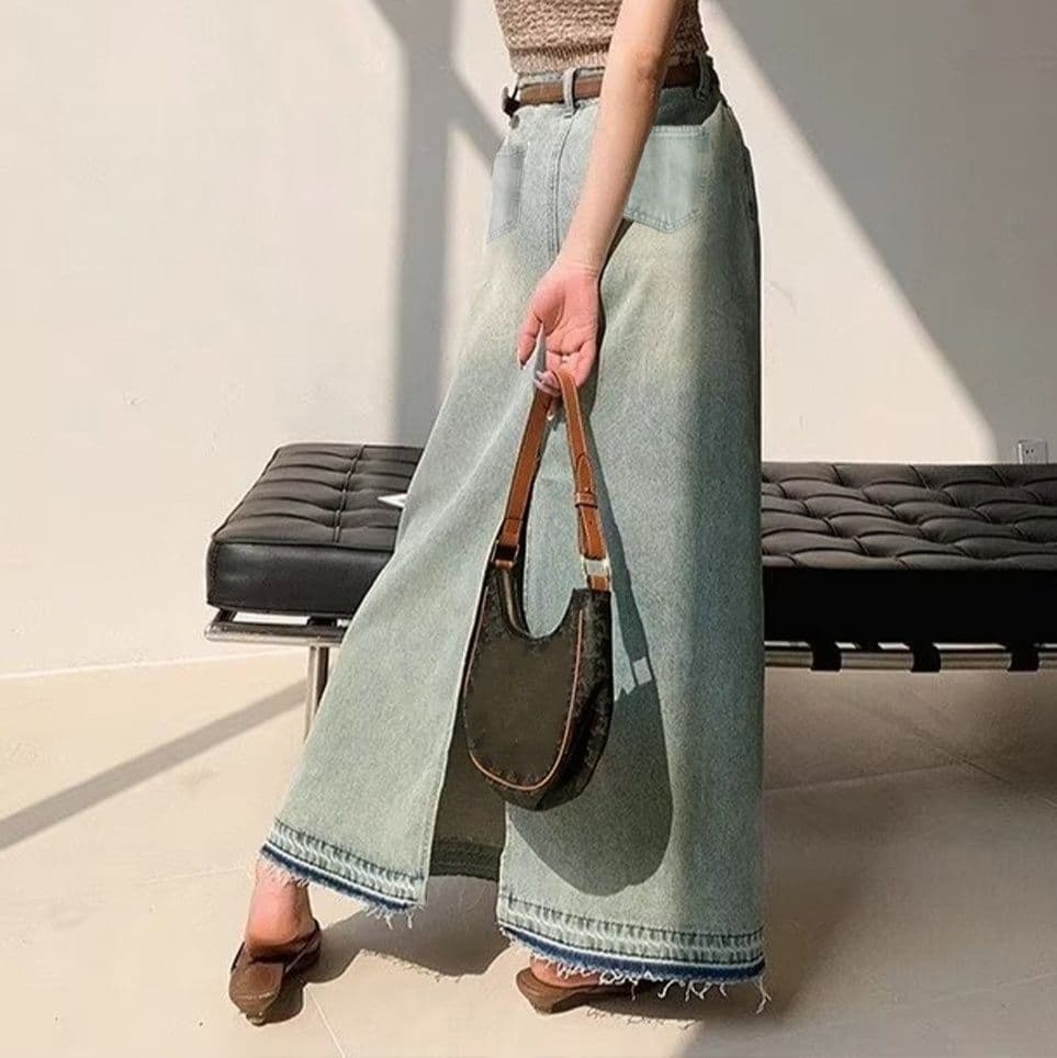 イエベ春/イエベ秋服　 切りっぱなし裾フリンジ長丈デニムスカート 韓国風