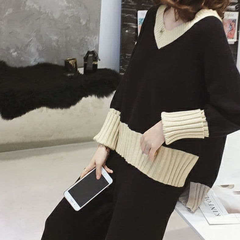 イエベ秋服　配色ニット上下セットアップ 女性用二点
