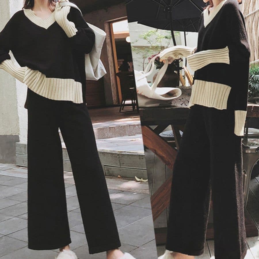 イエベ秋服　配色ニット上下セットアップ 女性用二点