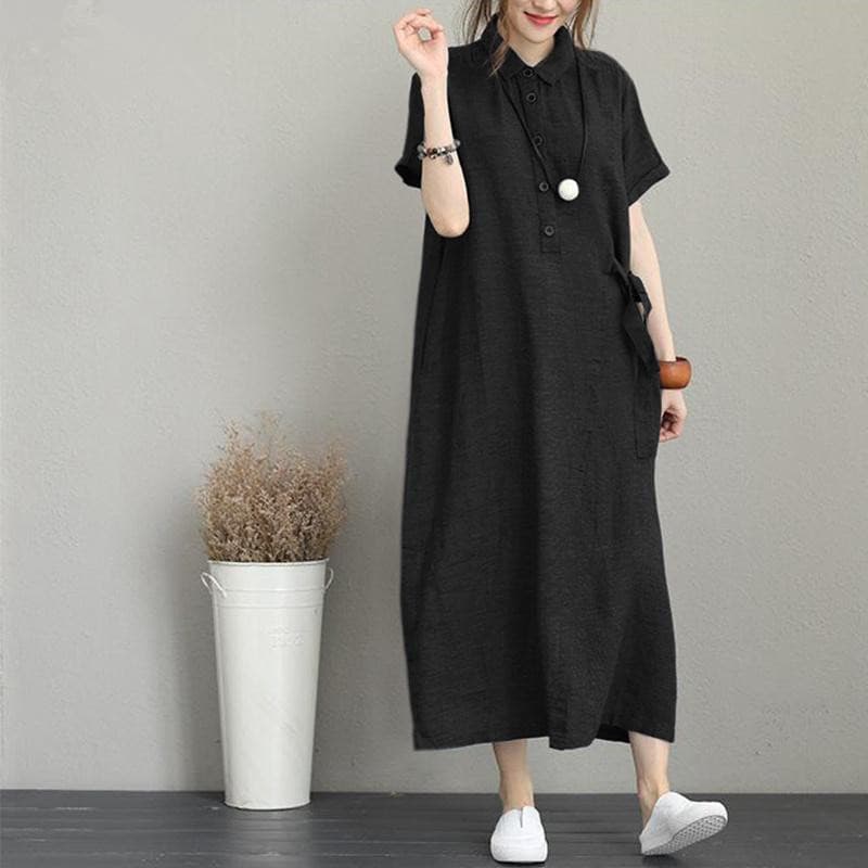 イエベ秋服　ナチュラルリネン調襟付き半袖ロングシャツワンピース