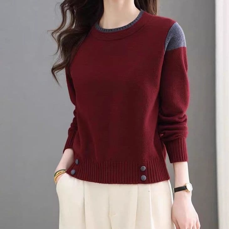 イエベ春/イエベ秋服　配色切り替えボタン装飾プルオーバーニット