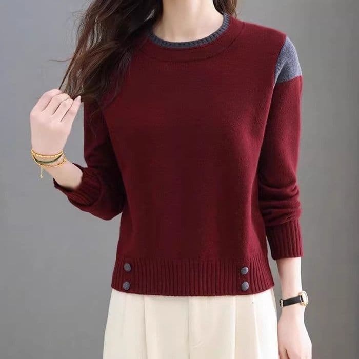 イエベ春/イエベ秋服　配色切り替えボタン装飾プルオーバーニット