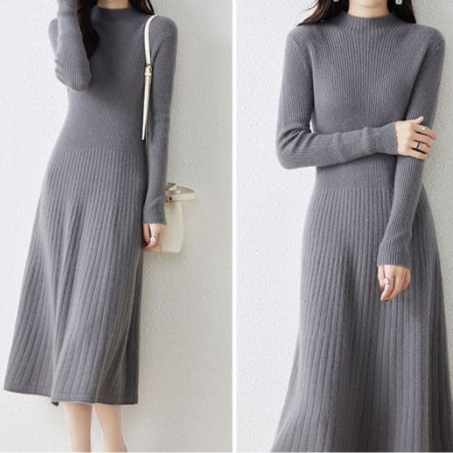 イエベ春/イエベ秋服　縦リブ編みモックネック長袖ニットワンピース