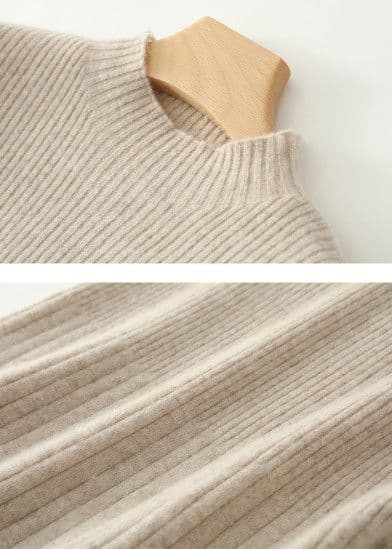 イエベ春/イエベ秋服　縦リブ編みモックネック長袖ニットワンピース