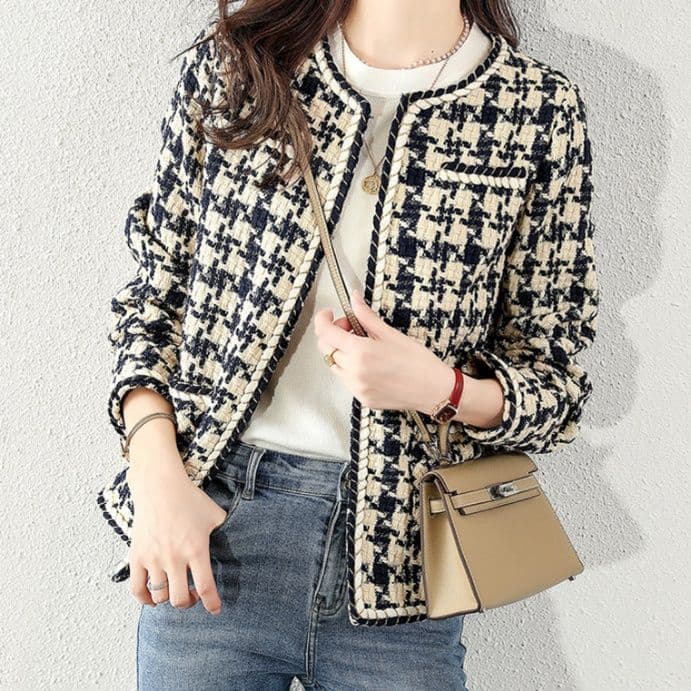 イエベ秋服　千鳥格子ツイード調ノーカラージャケット