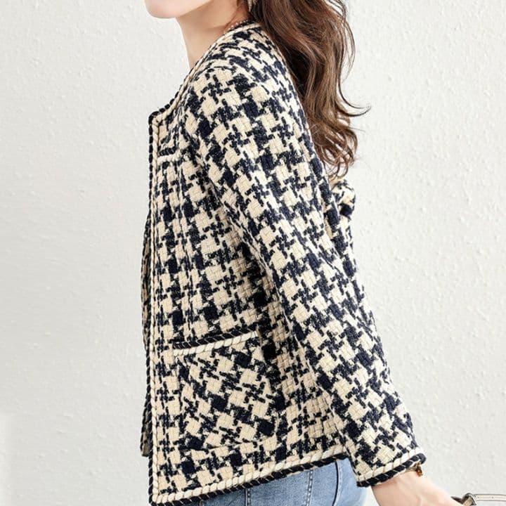 イエベ秋服　千鳥格子ツイード調ノーカラージャケット