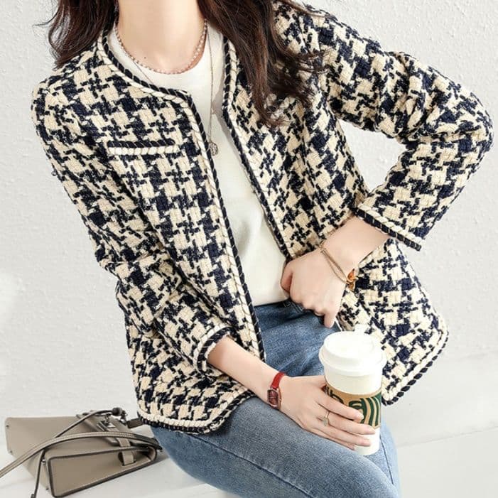 イエベ秋服　千鳥格子ツイード調ノーカラージャケット