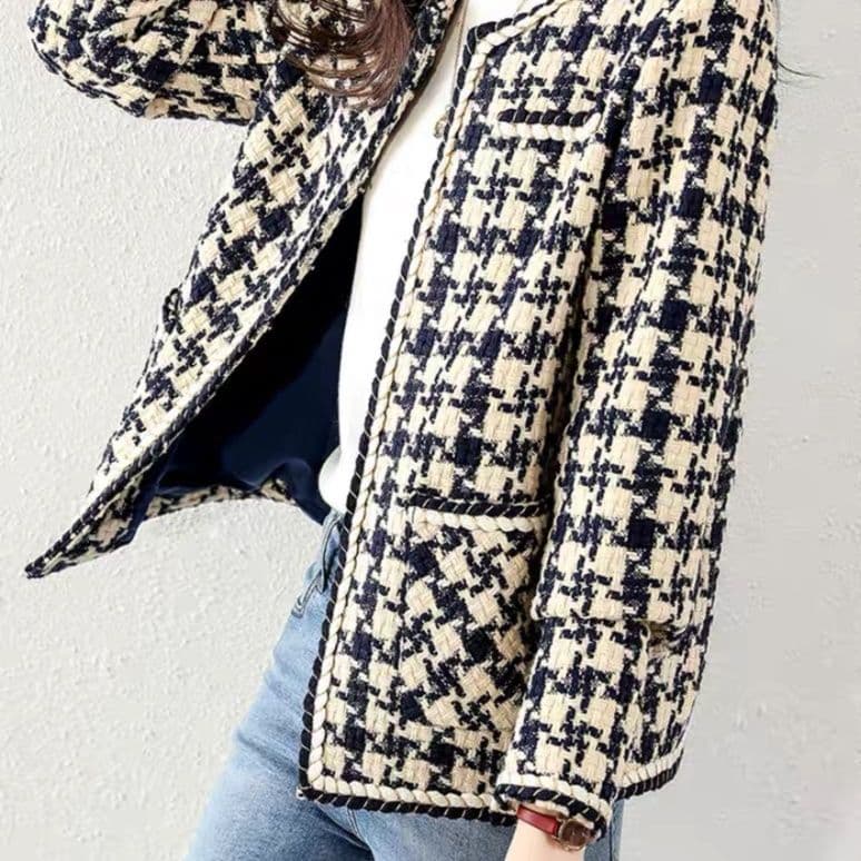 イエベ秋服　千鳥格子ツイード調ノーカラージャケット