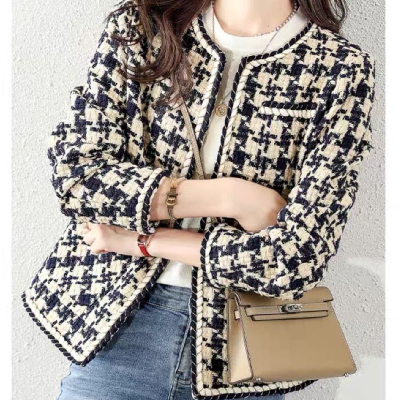 イエベ秋服　千鳥格子ツイード調ノーカラージャケット