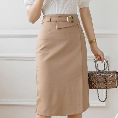 イエベ春/イエベ秋服　上品ベルトデザインハイウエストタイトスカート