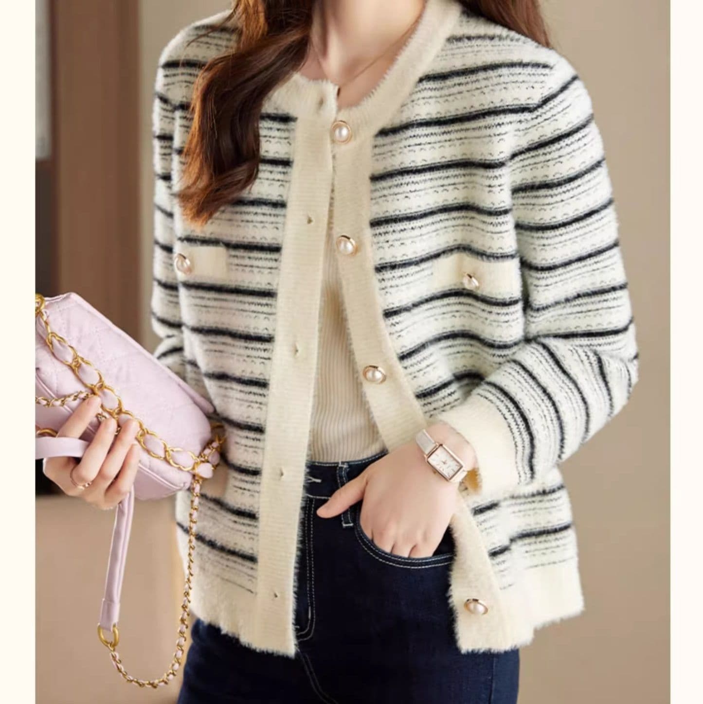 イエベ春/イエベ秋服　上品ボーダー編みふわもこ前開きカーディガン