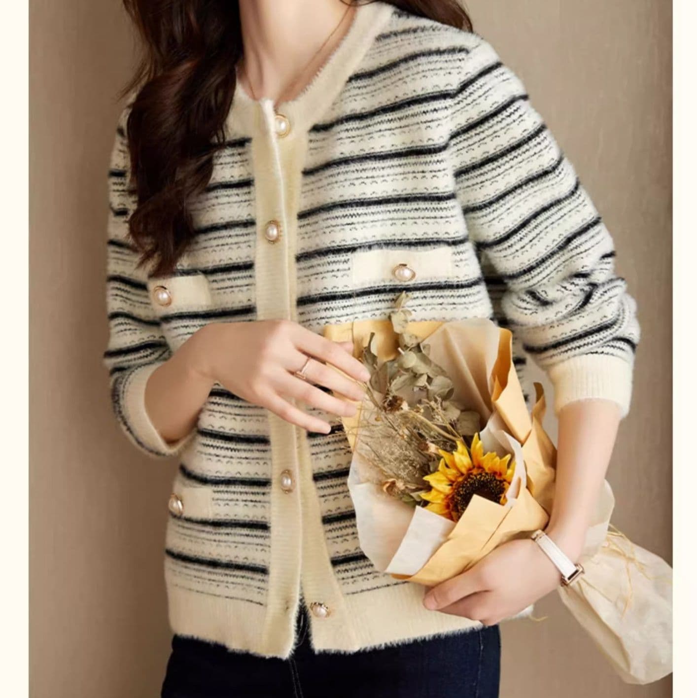イエベ春/イエベ秋服　上品ボーダー編みふわもこ前開きカーディガン