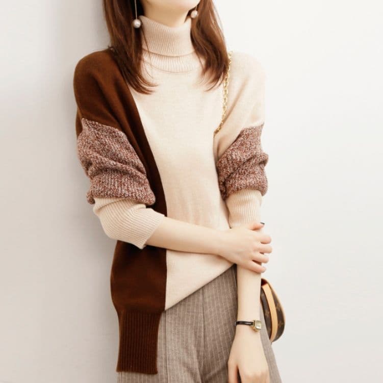 イエベ春/イエベ秋服　配色切替えタートルネック長袖ニット