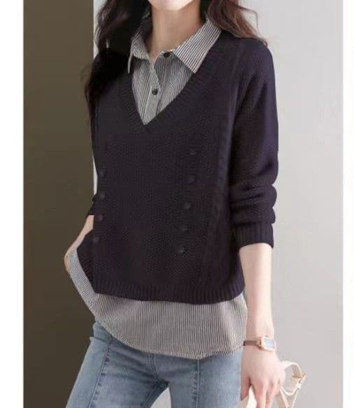 イエベ春/イエベ秋服　襟付きシャツ重ね着風ニット