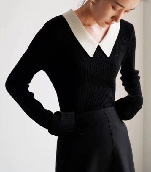 イエベ春/イエベ秋　襟付きリブ編みセーラー風ニット