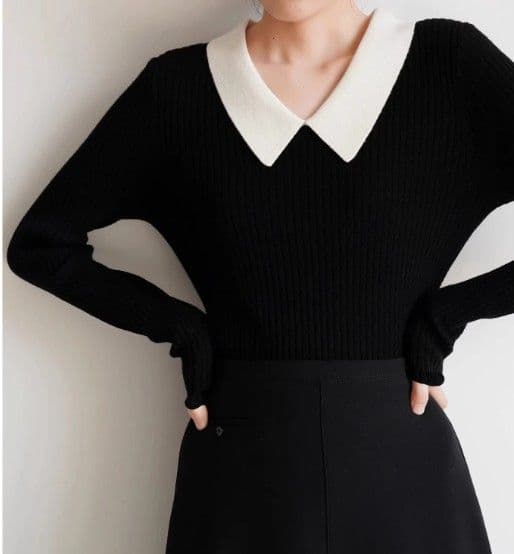 イエベ春/イエベ秋　襟付きリブ編みセーラー風ニット