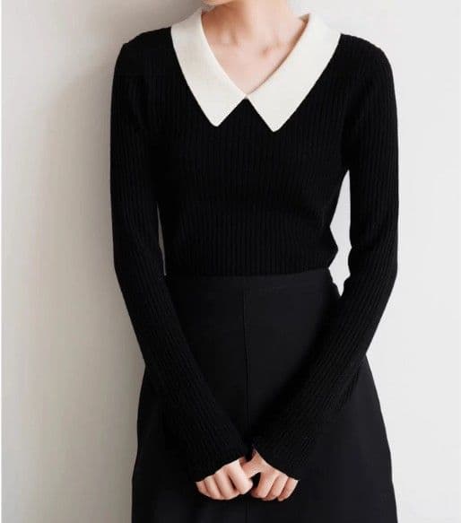 イエベ春/イエベ秋　襟付きリブ編みセーラー風ニット