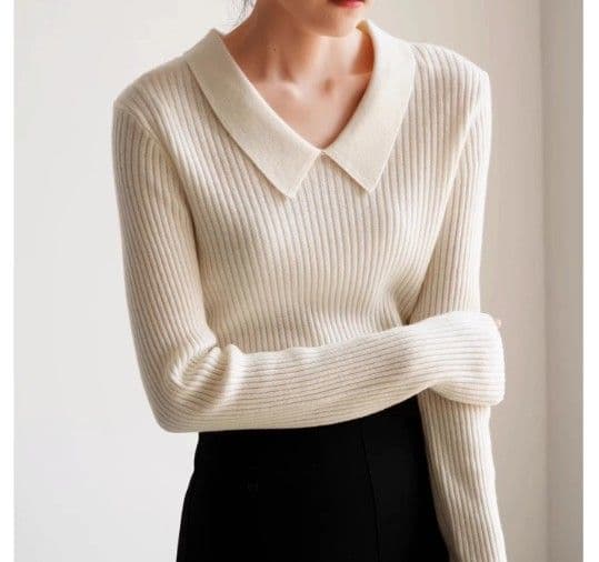 イエベ春/イエベ秋　襟付きリブ編みセーラー風ニット