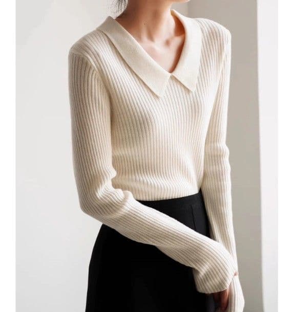 イエベ春/イエベ秋　襟付きリブ編みセーラー風ニット