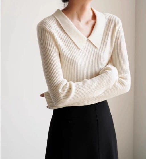 イエベ春/イエベ秋　襟付きリブ編みセーラー風ニット
