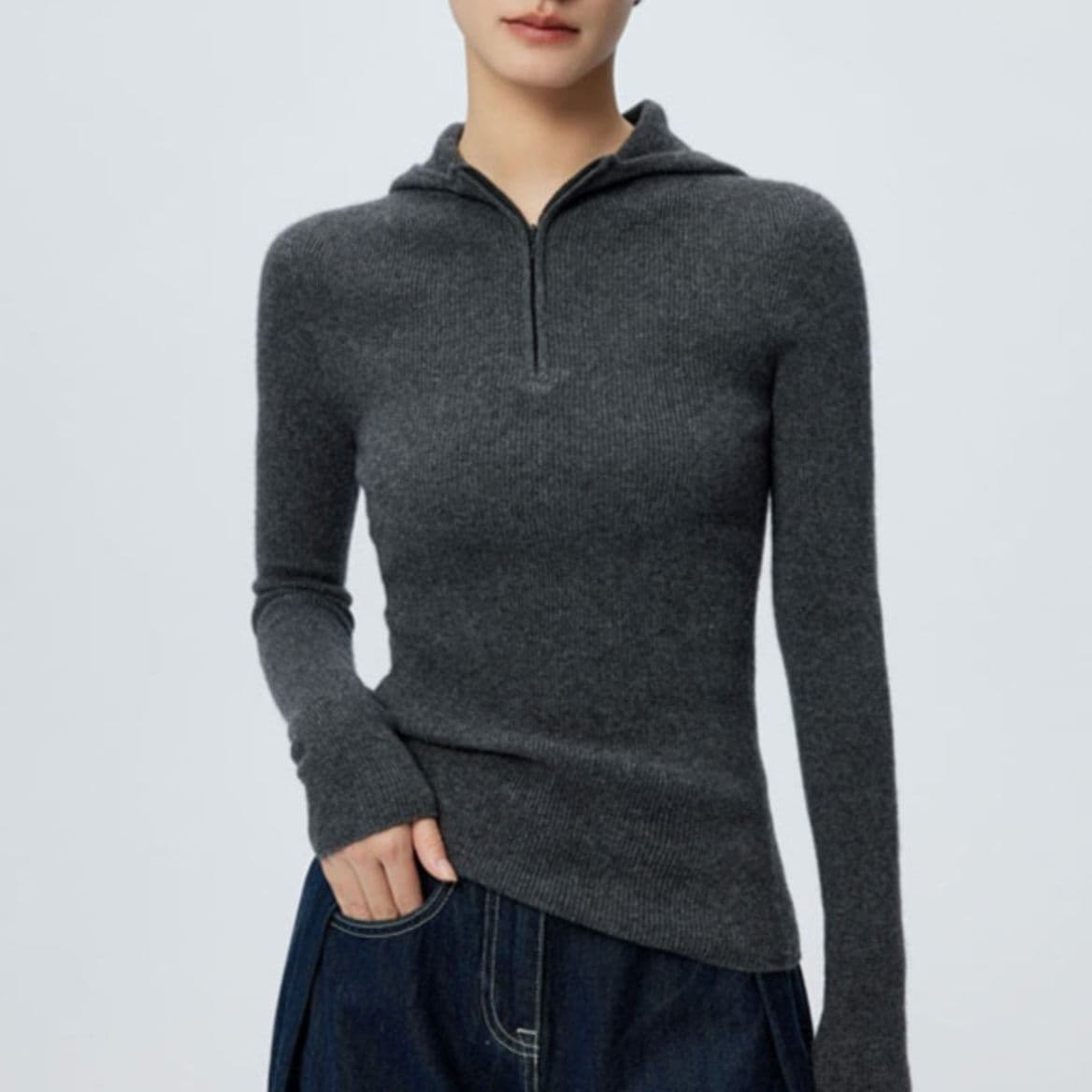 イエベ春/イエベ秋服　フード付きハーフジップリブニットトップス