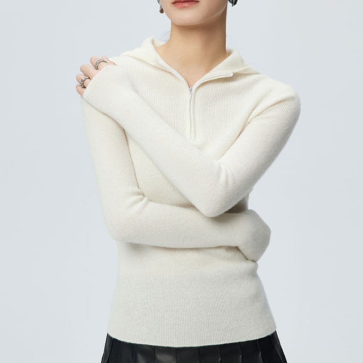イエベ春/イエベ秋服　フード付きハーフジップリブニットトップス