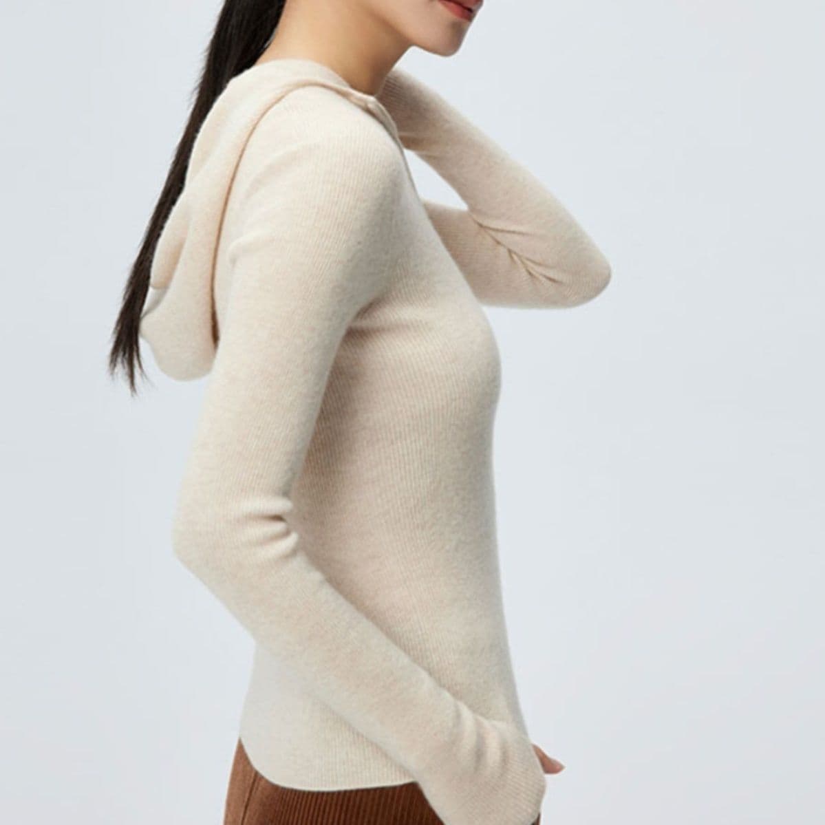 イエベ春/イエベ秋服　フード付きハーフジップリブニットトップス