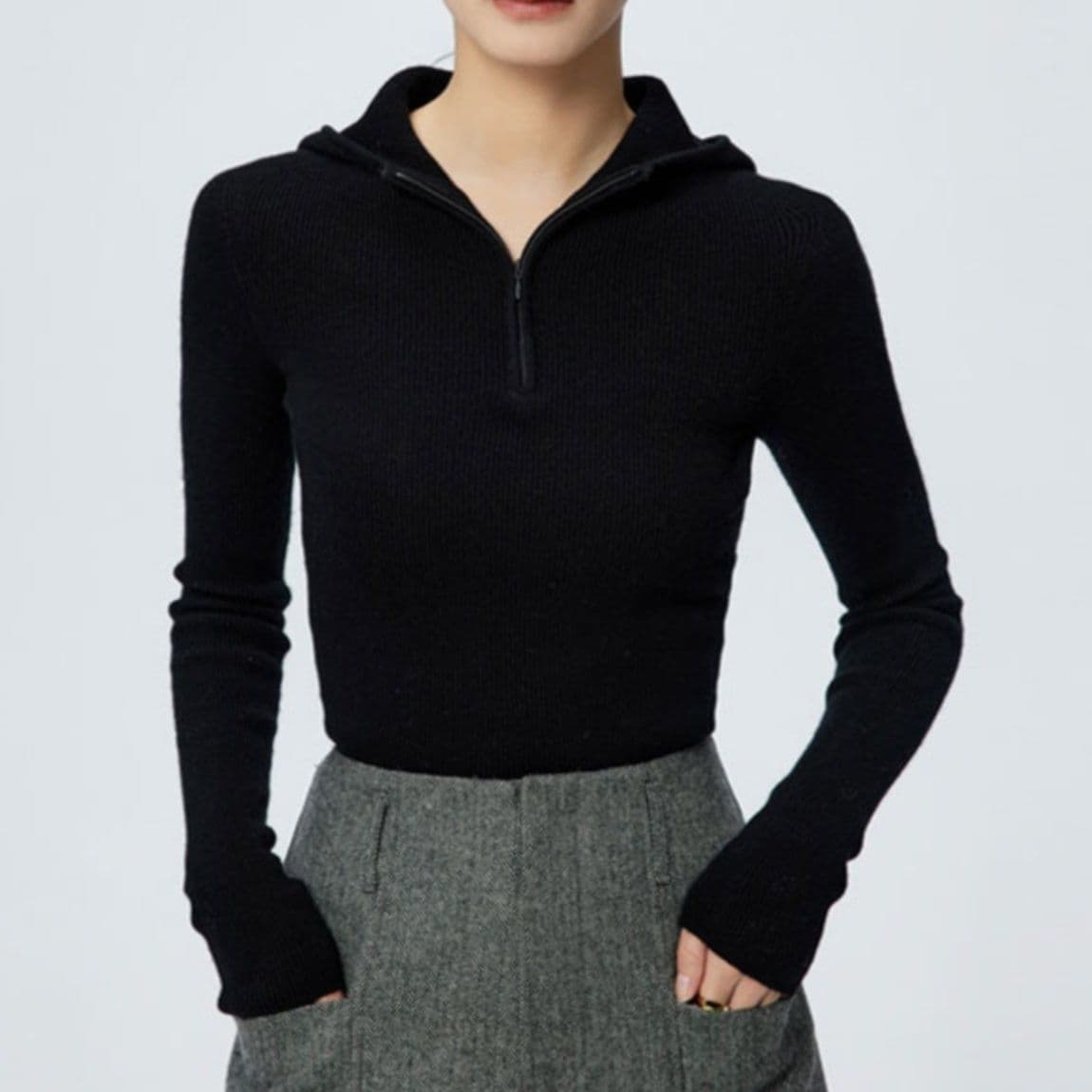 イエベ春/イエベ秋服　フード付きハーフジップリブニットトップス