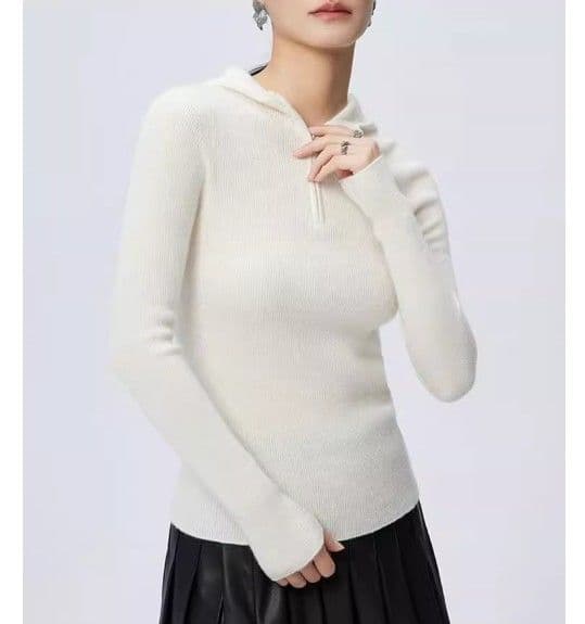 イエベ春/イエベ秋服　フード付きハーフジップリブニットトップス