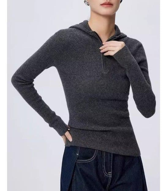 イエベ春/イエベ秋服　フード付きハーフジップリブニットトップス