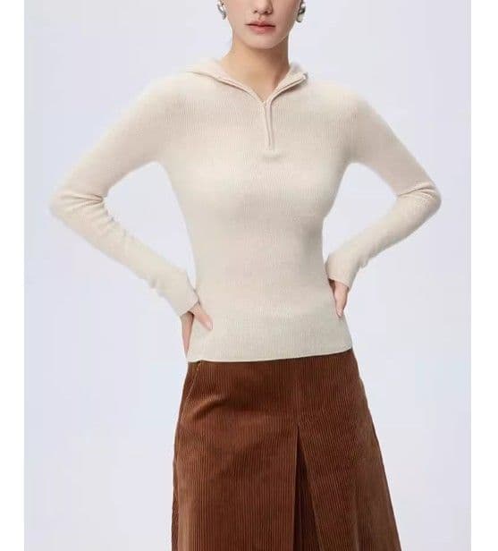 イエベ春/イエベ秋服　フード付きハーフジップリブニットトップス